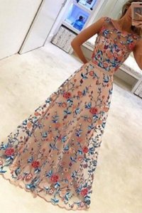 Luxury Scoop Multi-color A-line Hand Made Flower Evening Dress Zipper Tulle Sleeveless Floor Length