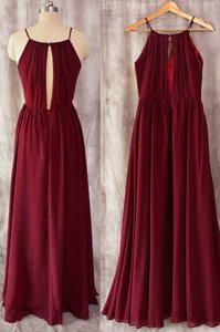 Clearance Burgundy A-line Chiffon Spaghetti Straps Sleeveless Ruching Floor Length Zipper Evening Dress