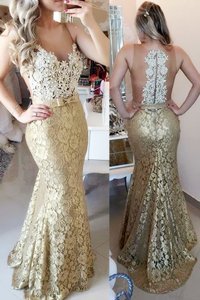 Mermaid Spaghetti Straps Sleeveless Brush Train Zipper Gold Lace