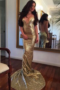 Hot Selling Mermaid Gold Backless V-neck Sequins Prom Gown Sequined Sleeveless Sweep Train