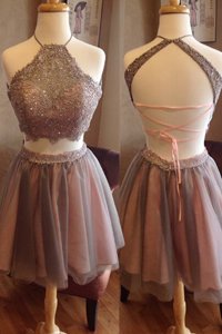 Eye-catching Organza Halter Top Sleeveless Criss Cross Beading Prom Dress in Grey