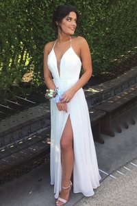 Halter Top Pleated Dress for Prom White Backless Sleeveless Floor Length