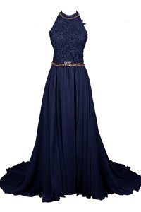 High Class Lace Floor Length Navy Blue Dress for Prom Halter Top Sleeveless Zipper