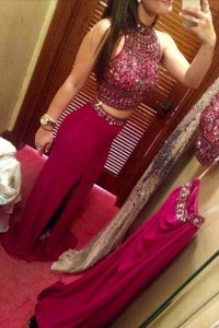 Fashionable Fuchsia Sleeveless Beading Floor Length Prom Party Dress