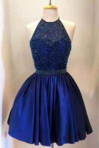 Colorful Royal Blue A-line High-neck Sleeveless Satin Knee Length Backless Beading Homecoming Dress