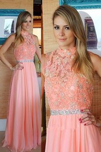 Cheap Floor Length Pink Evening Dress Chiffon Sleeveless Beading and Lace