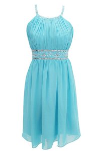 Glamorous Halter Top Sleeveless Chiffon Knee Length Criss Cross Dress for Prom in Aqua Blue for with Beading