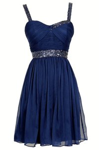 Shining Sleeveless Knee Length Sequins Zipper Homecoming Dress with Navy Blue