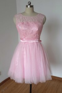Romantic Scoop Sleeveless Tulle and Lace Knee Length Backless Evening Dress in Pink for with Lace and Bowknot