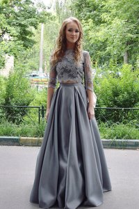 Scoop Grey 3|4 Length Sleeve Floor Length Lace Zipper Dress for Prom