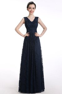 High Quality Chiffon V-neck Sleeveless Zipper Lace Prom Evening Gown in Black