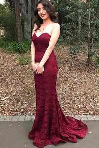 Mermaid Sweetheart Sleeveless Sweep Train Lace Up Prom Dress Burgundy Lace