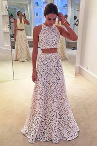 Scoop Sleeveless Floor Length Lace Zipper Prom Evening Gown with White