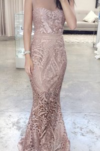 Mermaid Scoop Sleeveless Zipper Prom Gown Pink Lace
