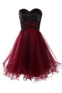 Fancy Sleeveless Mini Length Appliques Lace Up Evening Dress with Burgundy