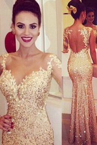 Enchanting Mermaid Floor Length Backless Prom Gown Gold and In for Prom and Party with Lace and Appliques and Sequins