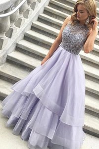 Scoop Sleeveless Floor Length Beading Zipper Prom Gown with Lavender