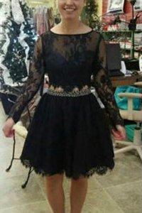 Comfortable Scoop Lace Evening Dress Black Backless Long Sleeves Knee Length