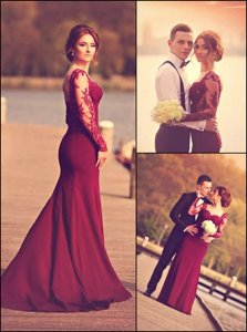Elegant Burgundy A-line Elastic Woven Satin Sweetheart Long Sleeves Lace and Appliques With Train Zipper Prom Dress Court Train