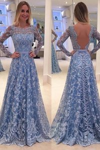 Scoop Blue Long Sleeves Lace Backless Prom Dresses