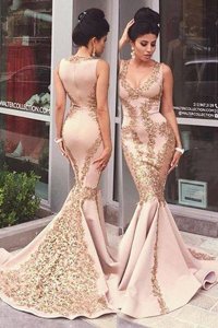 Glorious Mermaid Scoop Pink Sleeveless Elastic Woven Satin Sweep Train Zipper Evening Dress for Prom