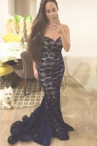 Affordable Navy Blue Mermaid Lace Dress for Prom Zipper Lace Sleeveless With Train
