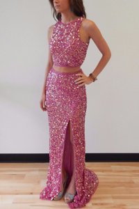 Traditional Lilac Mermaid Scoop Sleeveless Sequined Sweep Train Backless Sequins Dress for Prom
