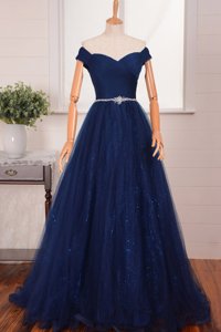 Extravagant Off the Shoulder With Train Navy Blue Prom Party Dress Organza Brush Train Sleeveless Belt