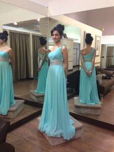 Elegant One Shoulder Beading Baby Blue Zipper Sleeveless Sweep Train