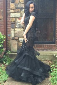 Custom Made Mermaid Scoop Beading and Ruffles Prom Gown Black Zipper Cap Sleeves With Train Sweep Train