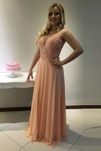 Fine Peach Chiffon Zipper Scoop Sleeveless With Train Prom Party Dress Sweep Train Beading and Lace