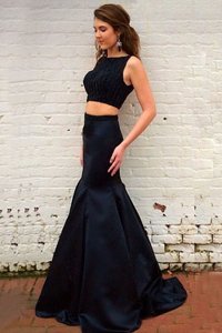 Luxury Black Mermaid Beading Homecoming Dress Backless Elastic Woven Satin Sleeveless