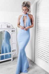 Cheap Mermaid Light Blue Sleeveless Floor Length Lace Backless Evening Dress