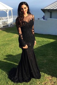 Dynamic Mermaid Scoop Tulle Long Sleeves Prom Evening Gown Sweep Train and Beading and Lace