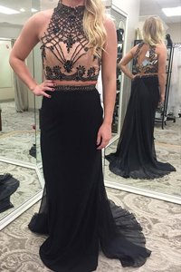 Artistic Black Chiffon Backless Homecoming Dress Sleeveless Brush Train Appliques and Belt