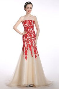 Custom Fit Mermaid Red and Champagne Lace Up Strapless Appliques Prom Gown Tulle Sleeveless Brush Train