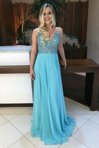 Extravagant Baby Blue Sleeveless Sweep Train Beading With Train Prom Dresses