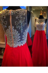 Red Zipper Scoop Beading Prom Dresses Chiffon Sleeveless