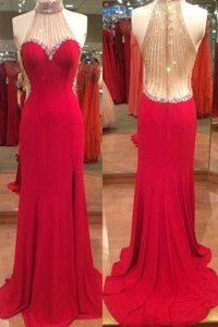 Mermaid Halter Top Red Sleeveless Satin Zipper Prom Dress for Prom and Party