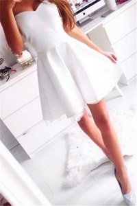 On Sale White A-line Satin Sweetheart Sleeveless Ruching Mini Length Zipper Prom Party Dress