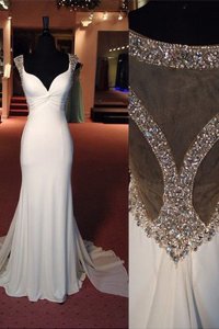 Amazing Mermaid Scoop Beading Prom Evening Gown White Side Zipper Sleeveless Sweep Train