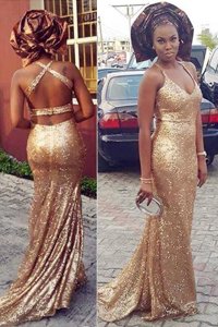 Noble Halter Top Gold Column/Sheath Sequins Prom Dress Criss Cross Sequined Sleeveless With Train