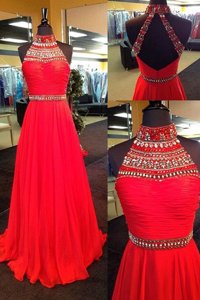 High End Red Column/Sheath Halter Top Sleeveless Chiffon Floor Length Backless Beading