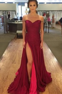 Excellent Off the Shoulder Pleated Burgundy Sleeveless Chiffon Sweep Train Zipper Prom Dresses for Prom and Party