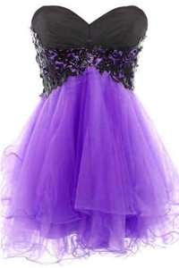 Lavender A-line Sweetheart Sleeveless Tulle Mini Length Lace Up Appliques Homecoming Dress