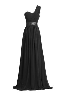 Chic Black One Shoulder Neckline Ruching and Belt Prom Dresses Sleeveless Zipper