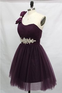 Dramatic One Shoulder Sleeveless Knee Length Beading Lace Up Prom Evening Gown with Purple