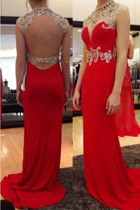 Fitting High-neck Sleeveless Chiffon Prom Dress Beading Sweep Train Backless