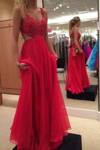 Artistic Red Sleeveless Beading Floor Length