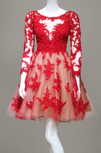 Lace Knee Length Red Dress for Prom Scoop Long Sleeves Zipper